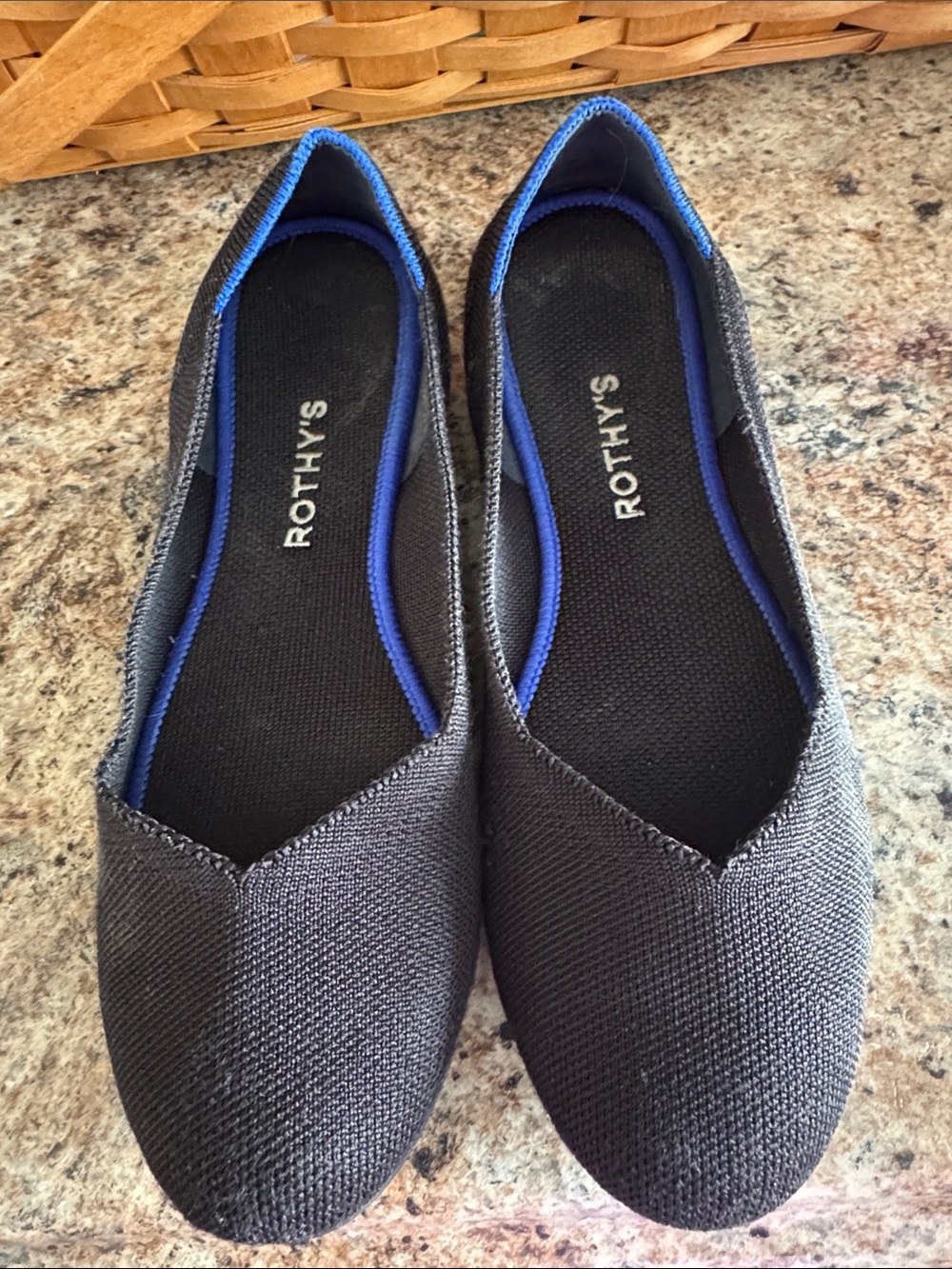 Rothy's Black Knit Flats with Blue Trim *MACHINE WASHABLE*